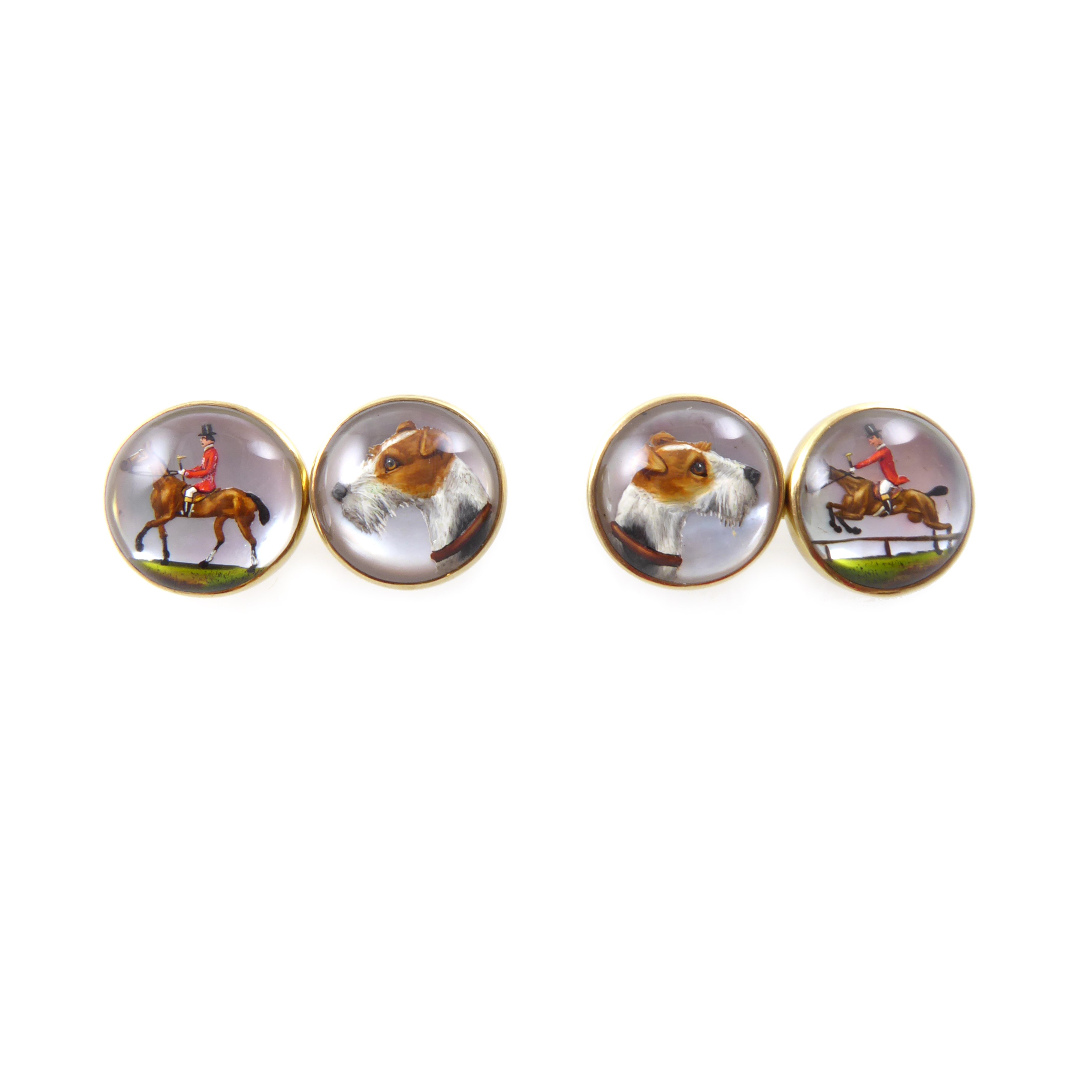 Art Deco period 14ct gold 'Essex crystal' intaglio hunting cufflinks
